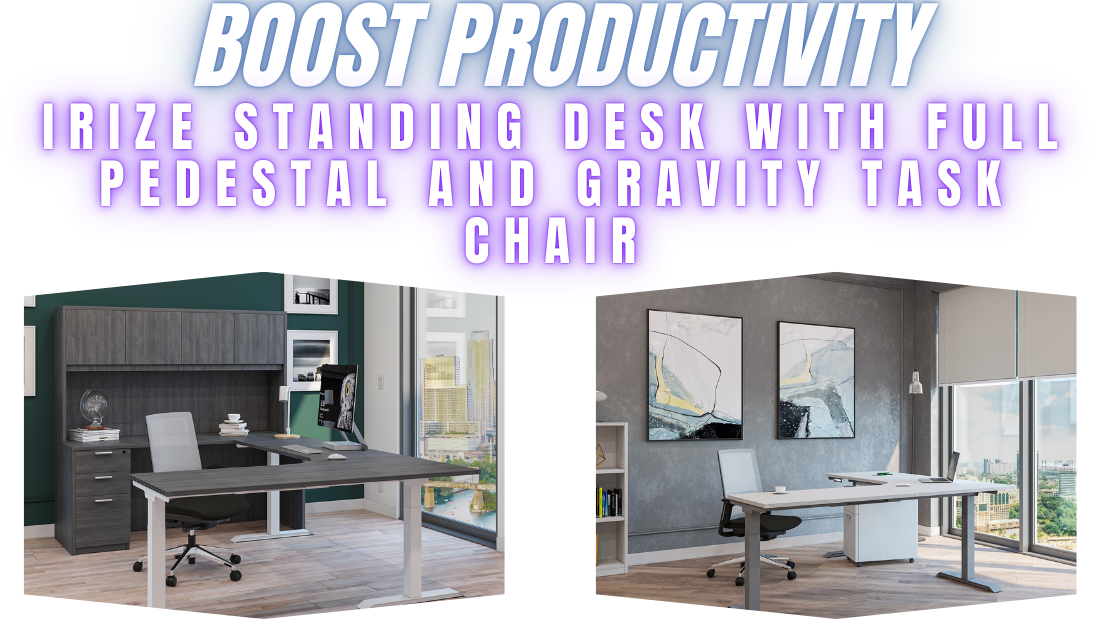 Boost Productivity: IRIZE Standing Desk with Full Pedestal and Gravity Task Chair