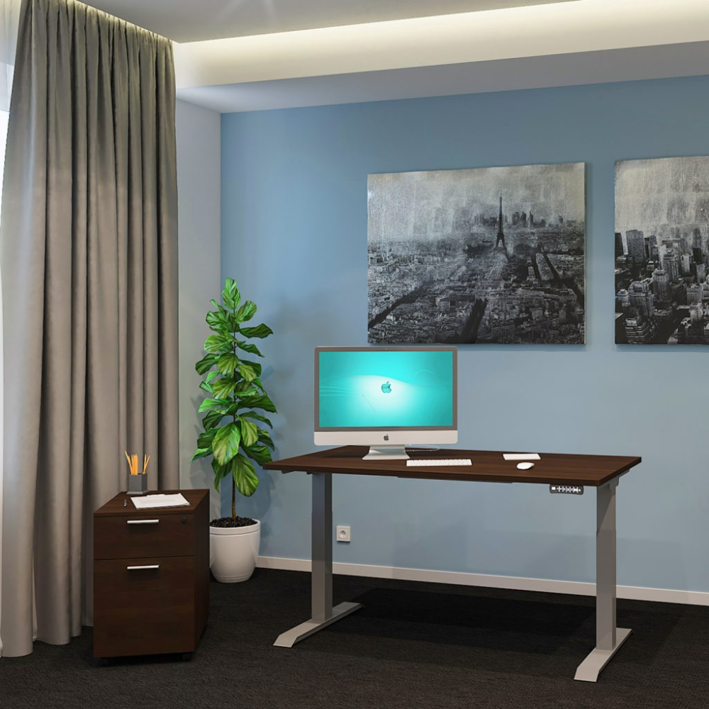 iRize Height Adjustable Desk, Nova Ergonomic Task Chair, and Kai 3-Shelf Bookcase Combo Set, EOSH1