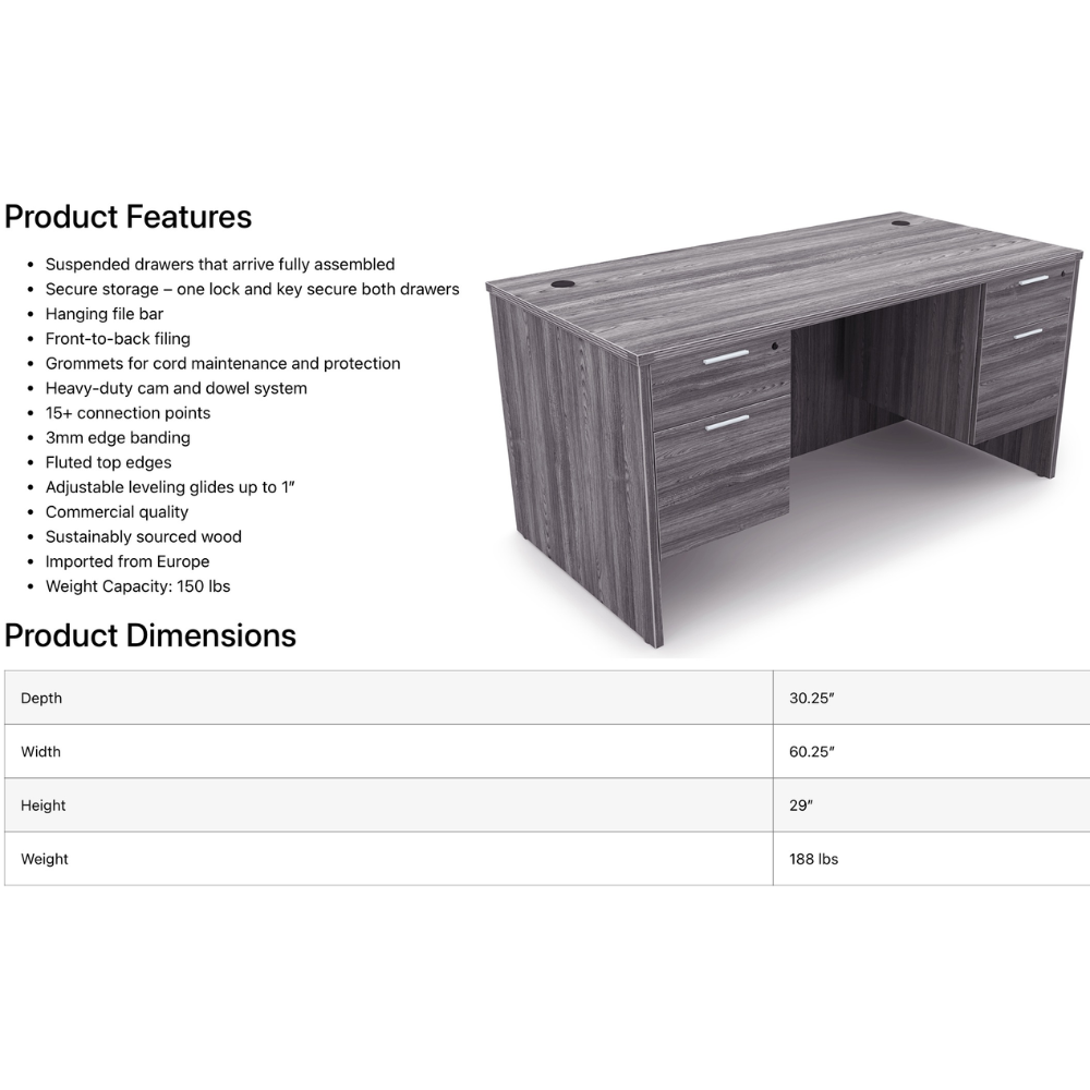 i5 Industries Kai Rectangular Desk with Double Suspended Pedestals 30 x 60