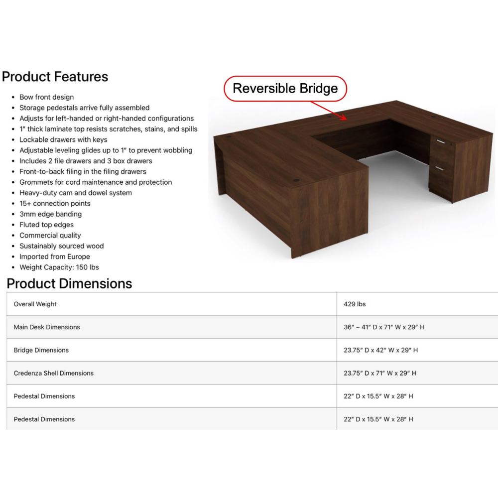 i5 U Shaped Bow Front Desk Double Full Pedestals 71 x 102