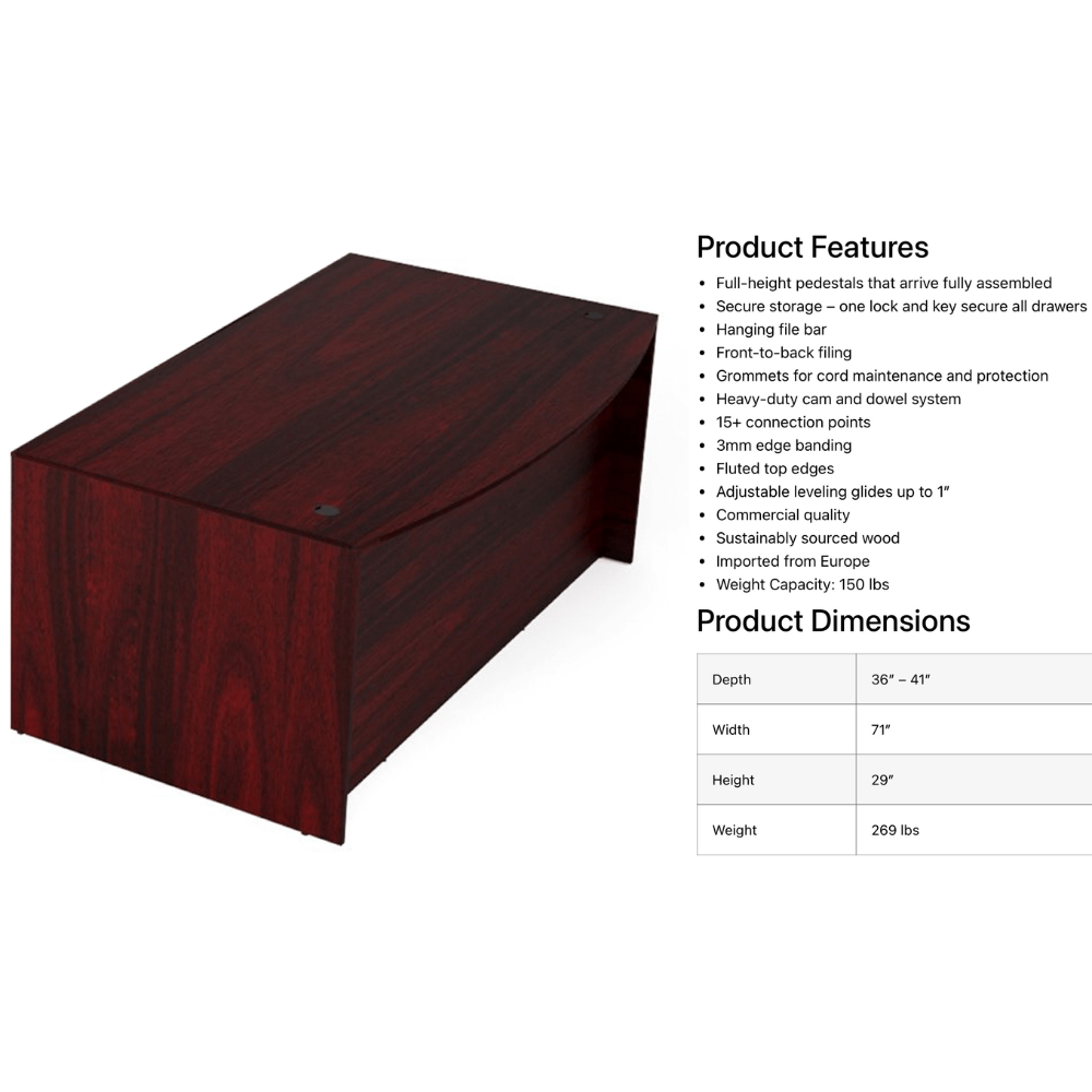 Kai Laminate Bow Front Desk with Double Full Pedestals, 36 x 71