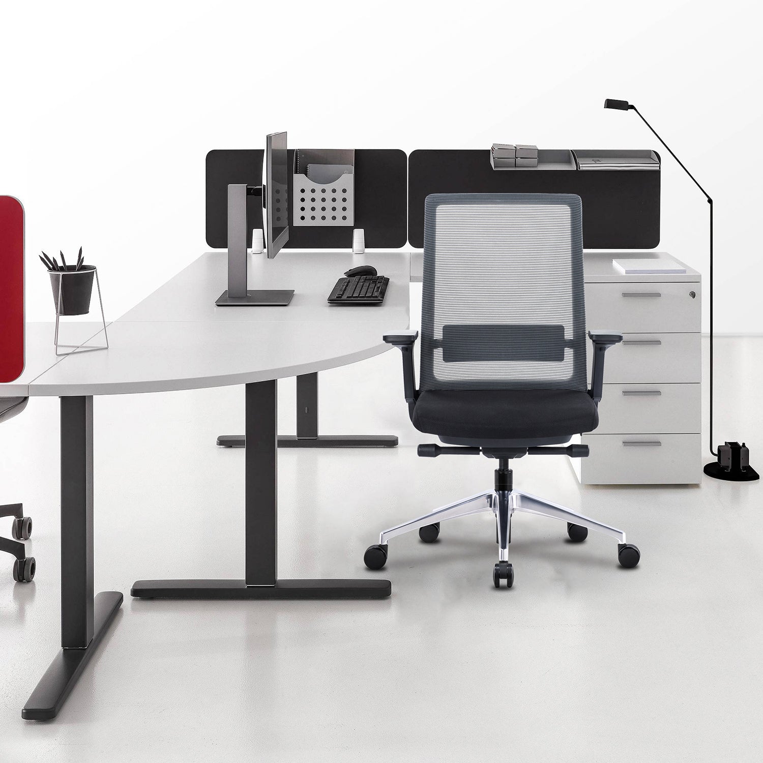 Hybrid U-Shaped Standing Desk with Full Pedestal, Hutch, and Chair Set - EOPB2
