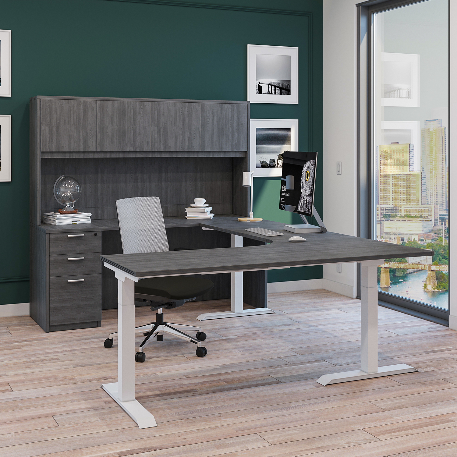 Hot iRize Hybrid U-Shaped Standing Desk with Full Pedestal