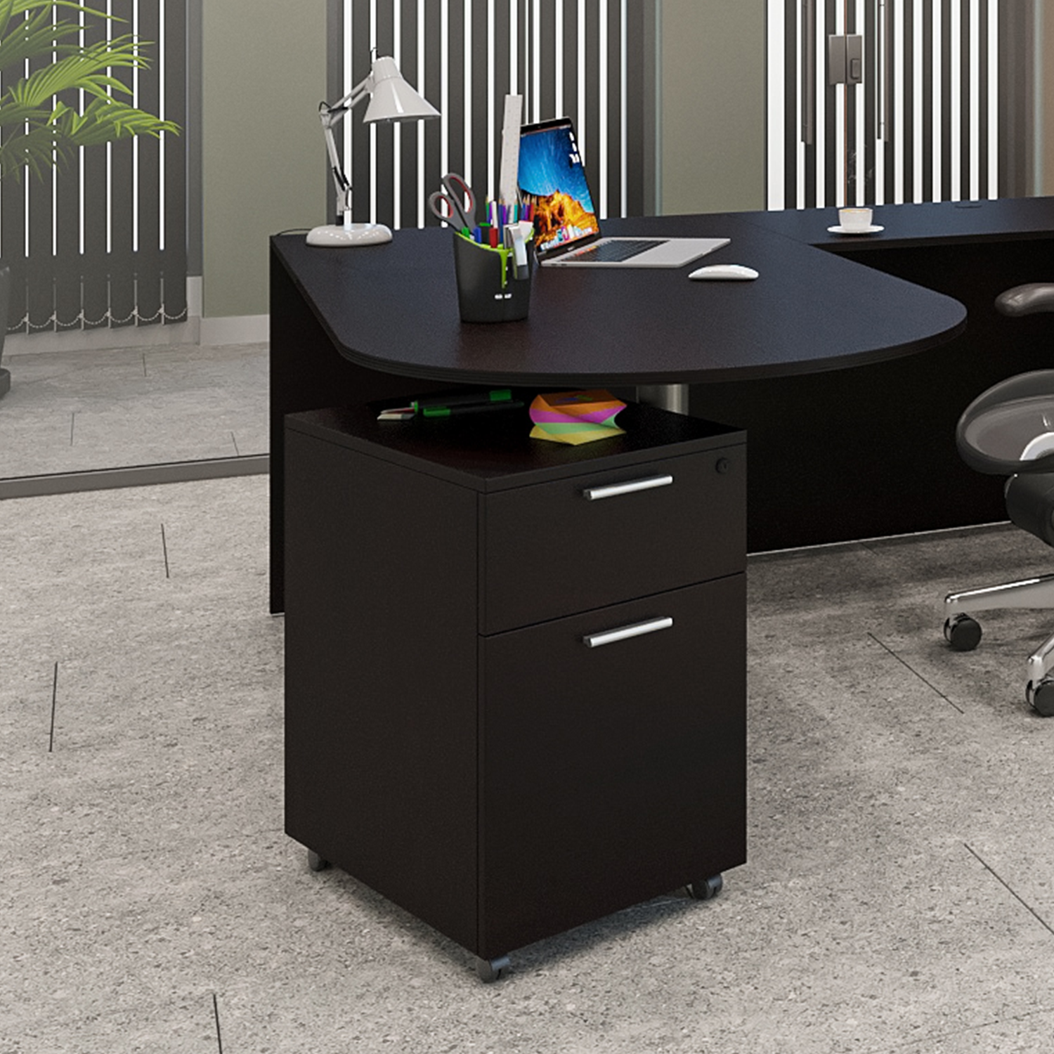 i5 L-Shaped Standing Desk, Chair, and Mobile Pedestal Set, EOPB1