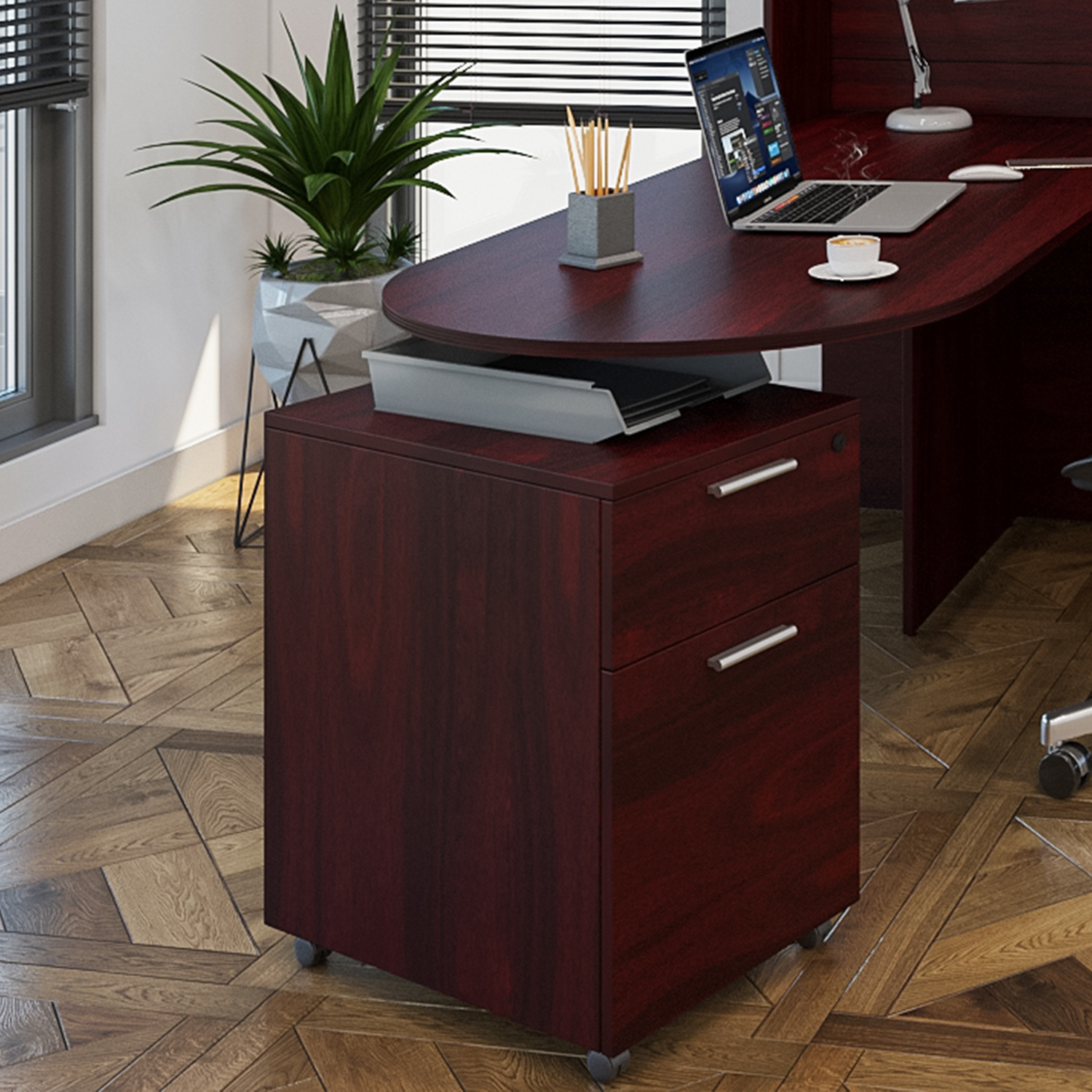 i5 L-Shaped Standing Desk, Chair, and Mobile Pedestal Set, EOPB1