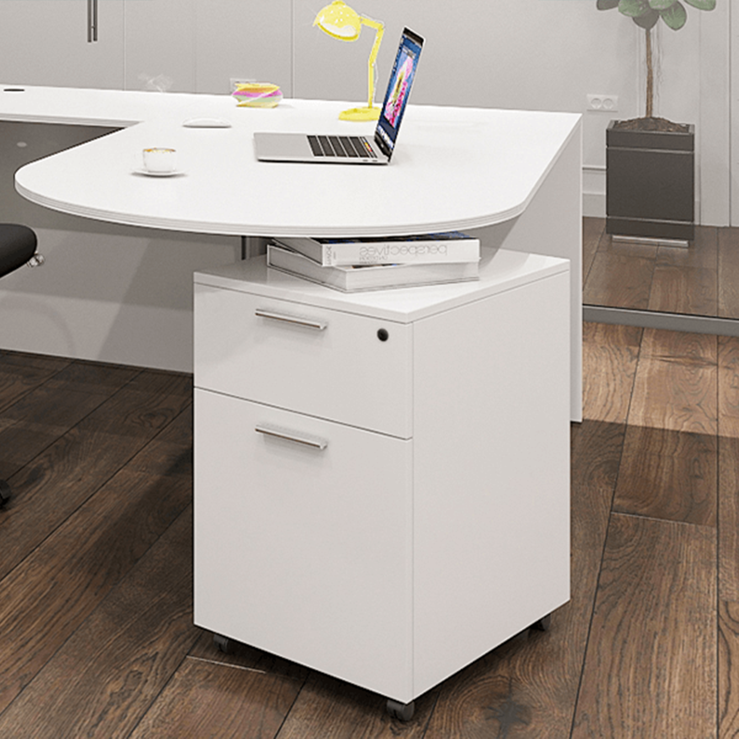 i5 L-Shaped Standing Desk, Chair, and Mobile Pedestal Set, EOPB1