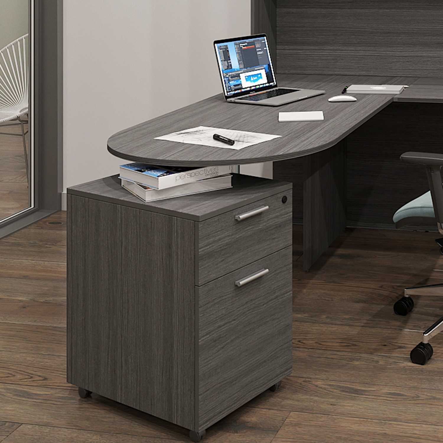 i5 L-Shaped Standing Desk, Chair, and Mobile Pedestal Set, EOPB1
