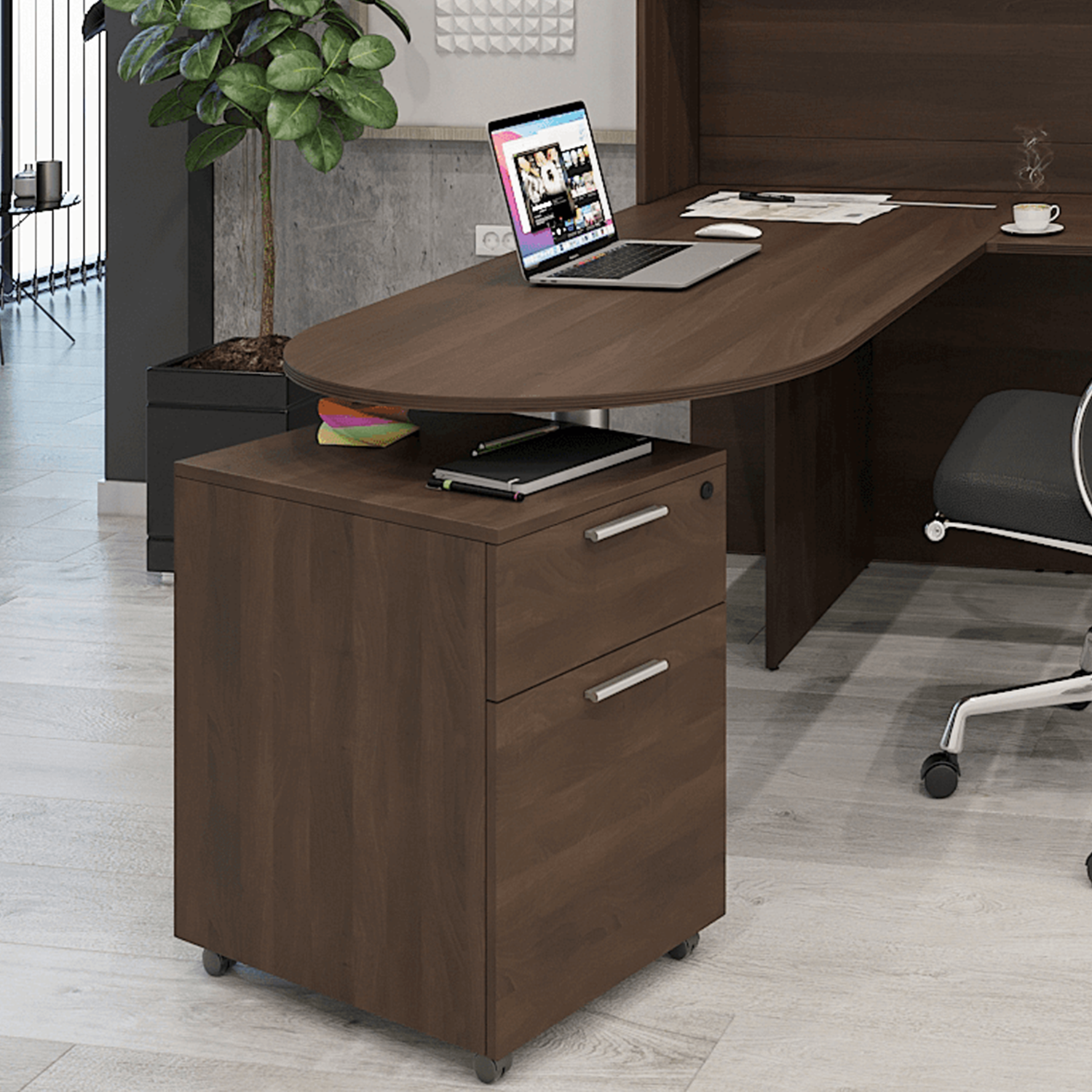 i5 L-Shaped Standing Desk, Chair, and Mobile Pedestal Set, EOPB1