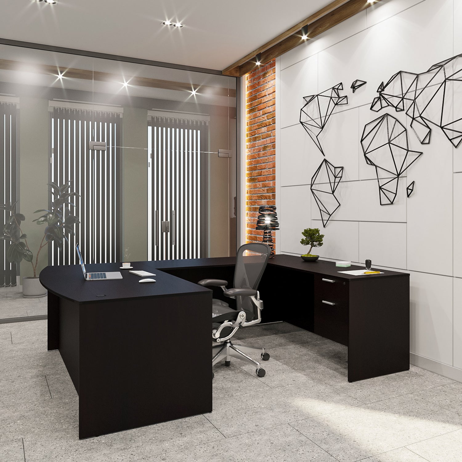 Kai U Shaped Bow Front Desk with Double Suspended Pedestals, 71" x 102”