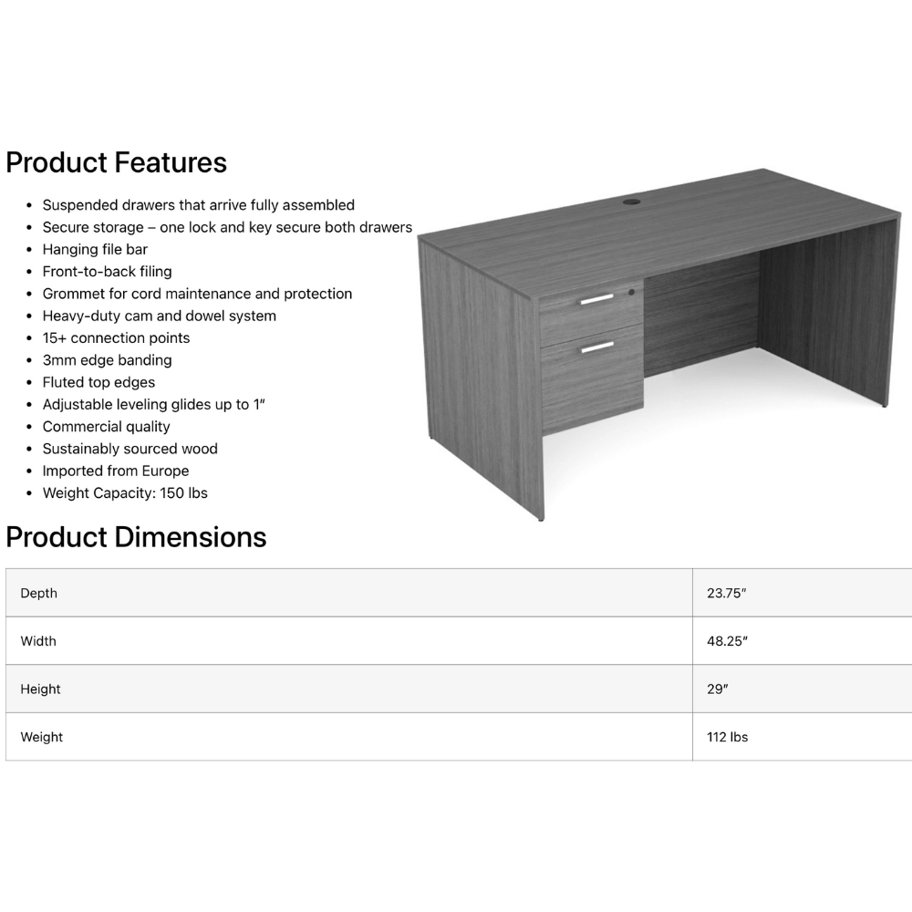 Kai Rectangular Desk with Suspended Pedestal, 24 x 48