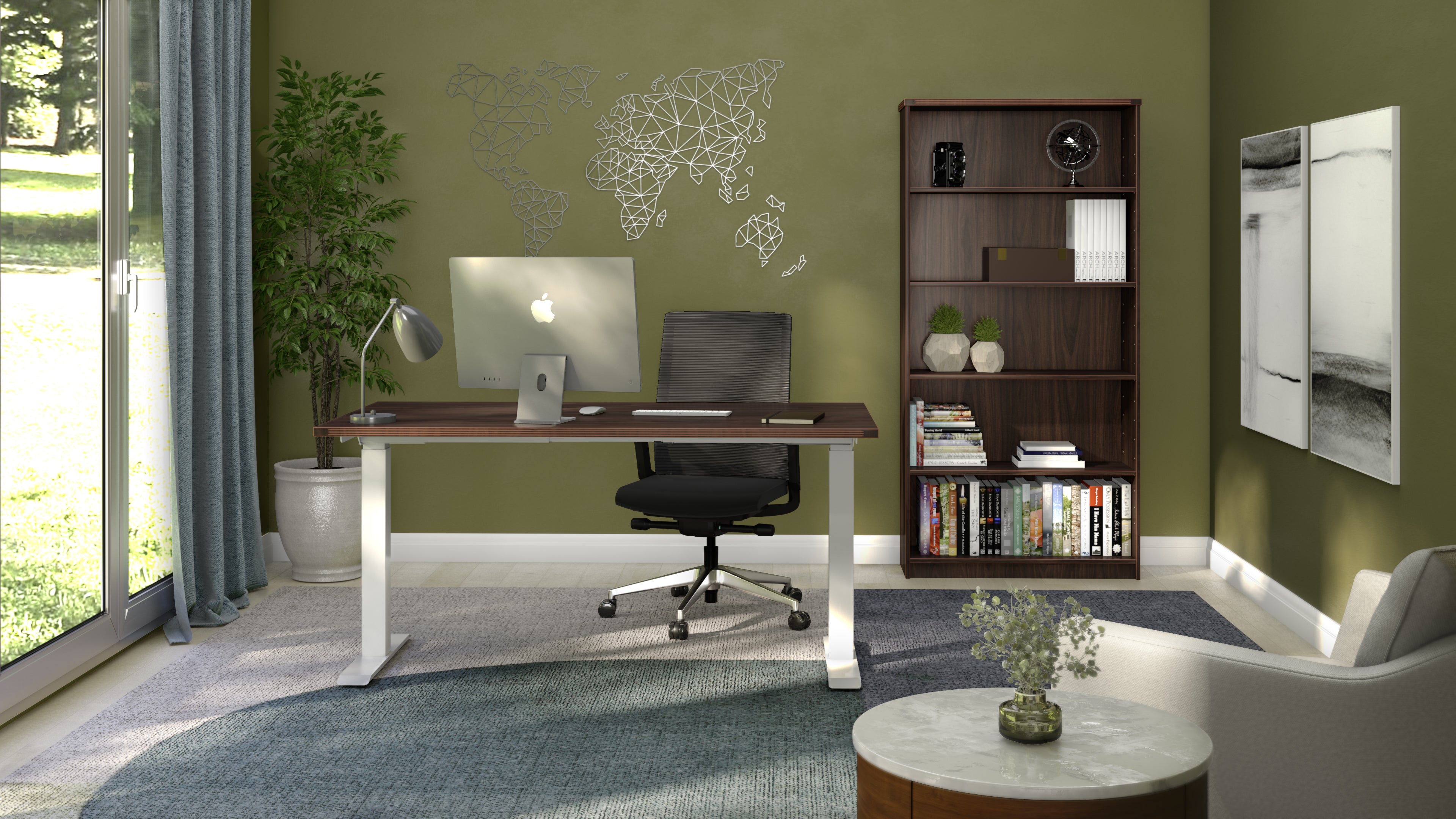 iRize Height Adjustable Desk, Nova Ergonomic Task Chair, and Kai 3-Shelf Bookcase Combo Set, EOSH1