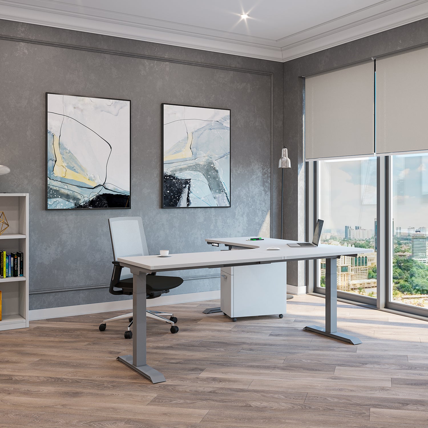 i5 L-Shaped Standing Desk, Chair, and Mobile Pedestal Set, EOPB1