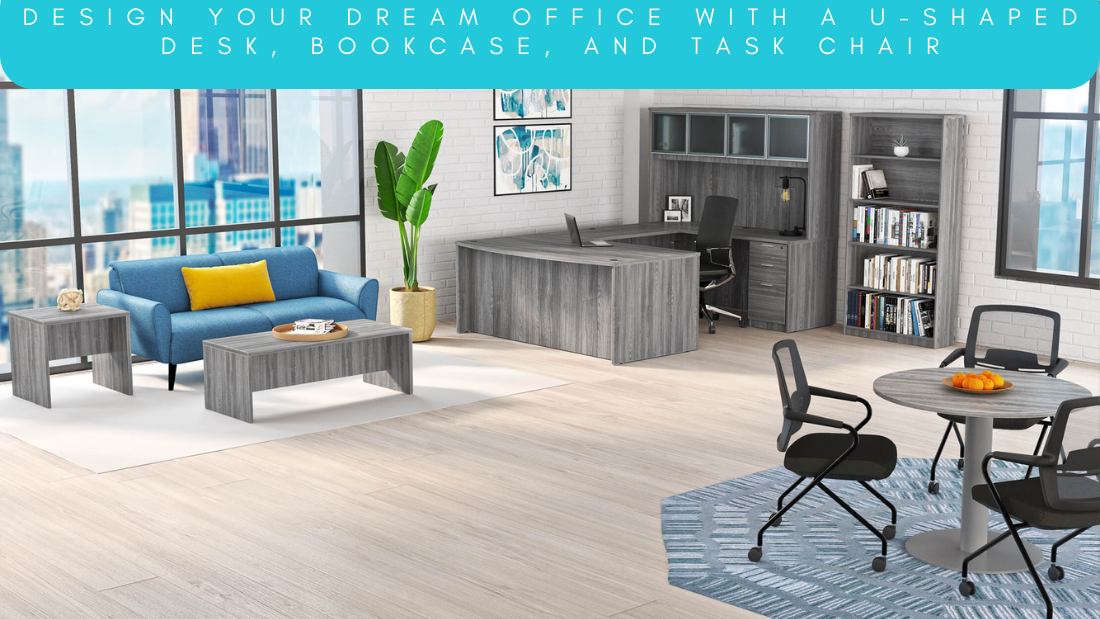 Design Your Dream Office with a U-Shaped Desk, Bookcase, and Task Chair