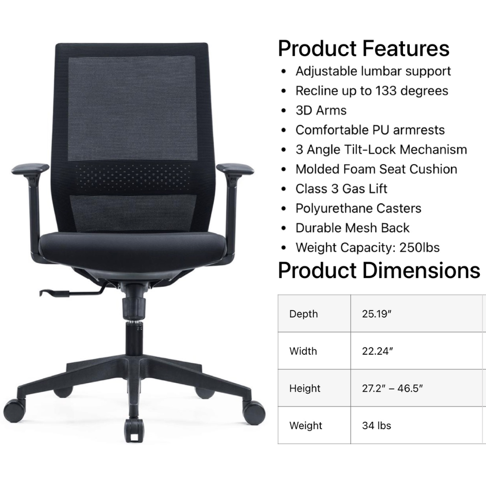 i5 Industries Nova Task Chair – Black Mesh Black Seat, TC202B.B-BLK