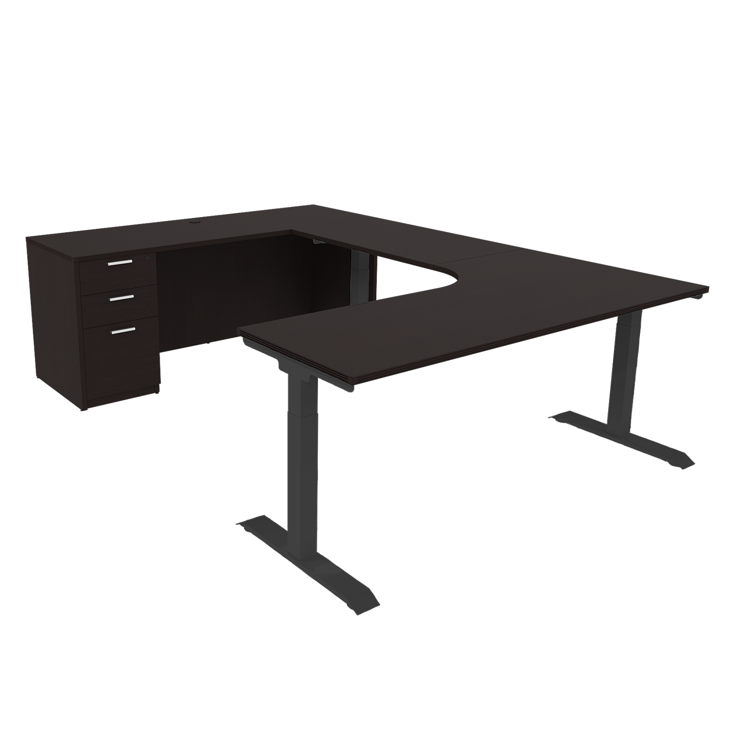 iRize Hybrid U-Shaped Standing Desk with Full Pedestal (71″ x 96″), Kai Open Hutch (71″), and Gravity Task Chair (Black Seat) Set - EOPB2