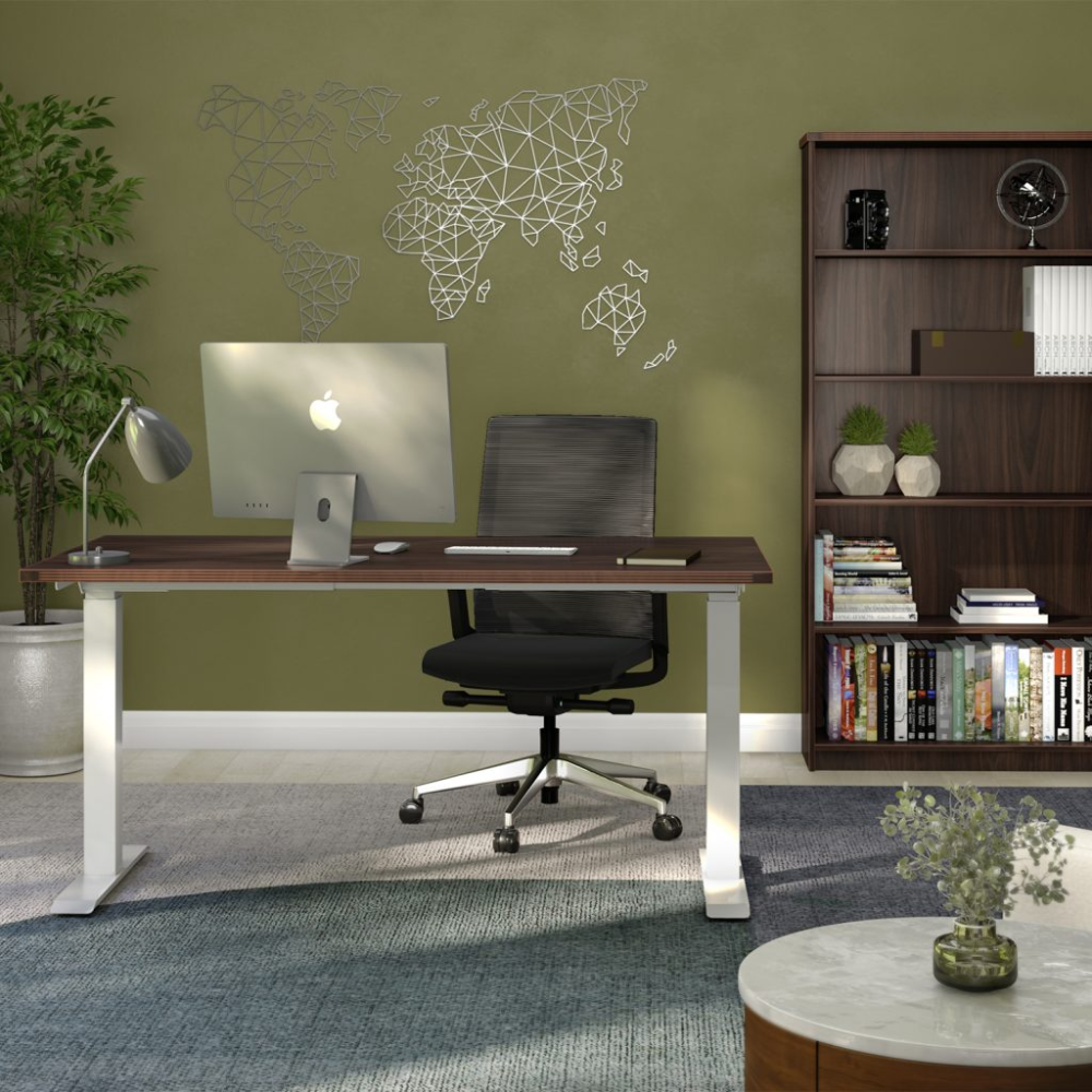 iRize Height Adjustable Desk, Nova Ergonomic Task Chair, and Kai 3-Shelf Bookcase Combo Set, EOSH1