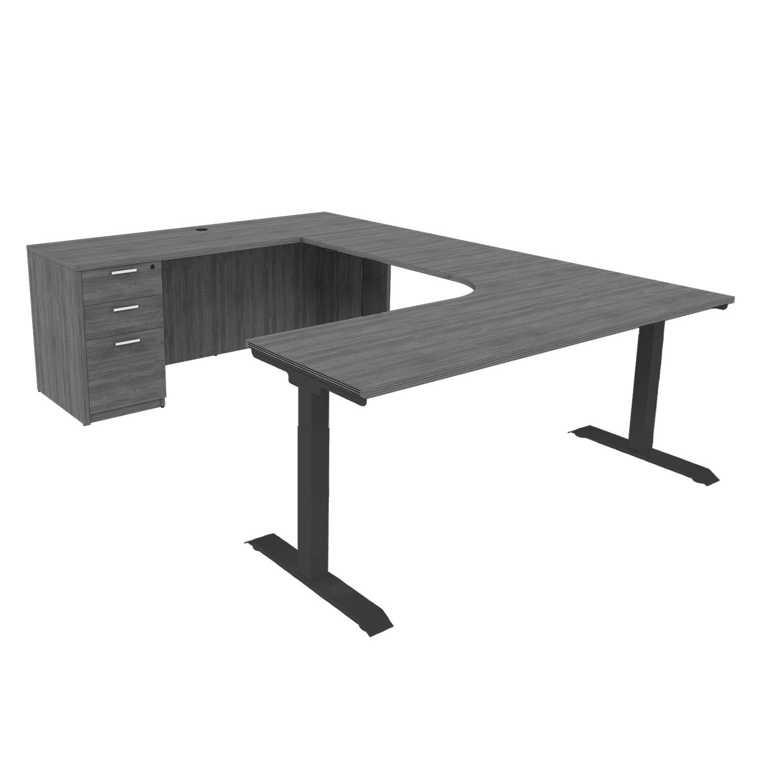 iRize Hybrid U-Shaped Standing Desk with Full Pedestal (71″ x 96″), Kai Open Hutch (71″), and Gravity Task Chair (Black Seat) Set - EOPB2