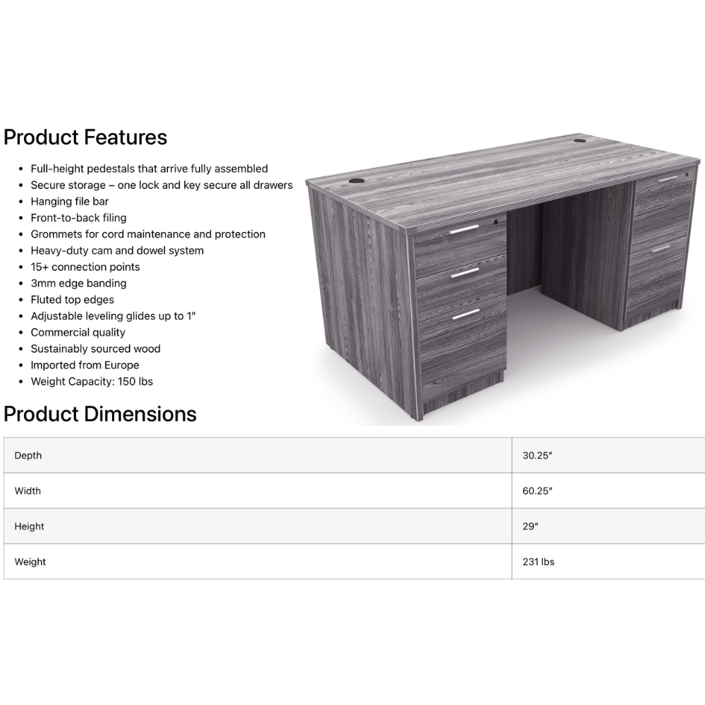 Kai Rectangular Desk with Double Full Pedestals 30 x 60, D3060P-2